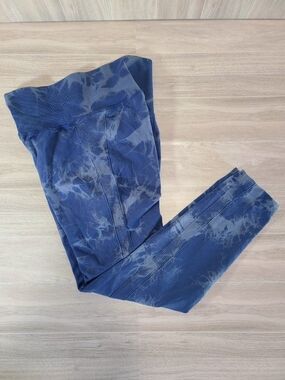 Blue Tie Dye Leggings Size L High Waist Ribbed Stretch Athleisure Yoga Pants
